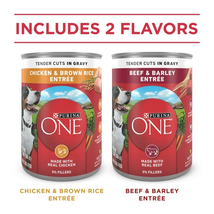 Purina ONE Tender Cuts in Gravy Wet Dog Food Variety Pack – Chicken & Brown Rice, Beef & Barley Entrées, 13 oz Cans (6-Pack)