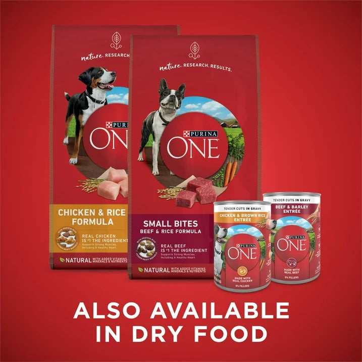 Purina ONE Tender Cuts in Gravy Wet Dog Food Variety Pack – Chicken & Brown Rice, Beef & Barley Entrées, 13 oz Cans (6-Pack)