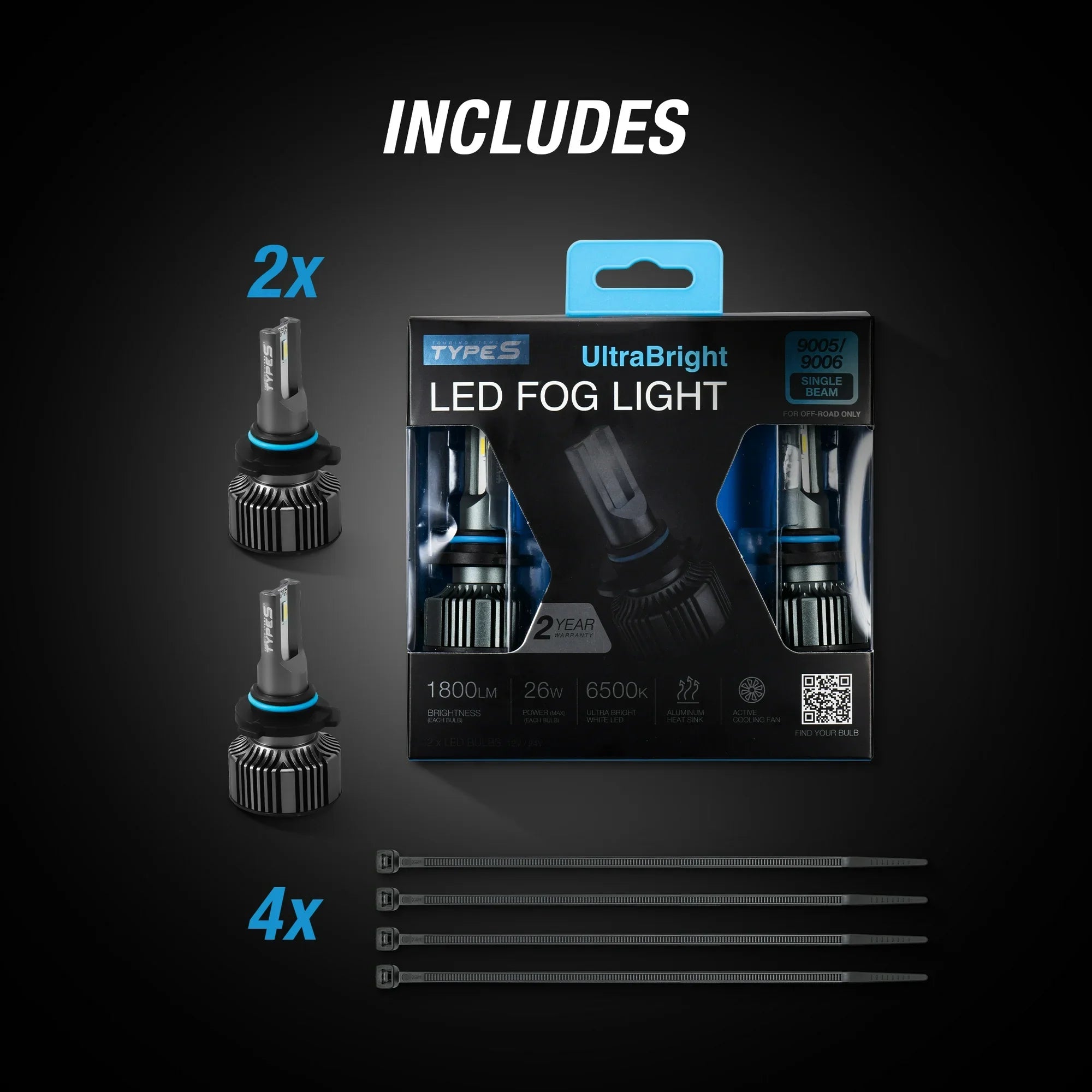 TYPE S UltraBright LED Fog Light Bulbs, 9005/9006 Compatible, 1800LM Each, 6500K Cool White, 26W Powersports Lighting, 2-Pack