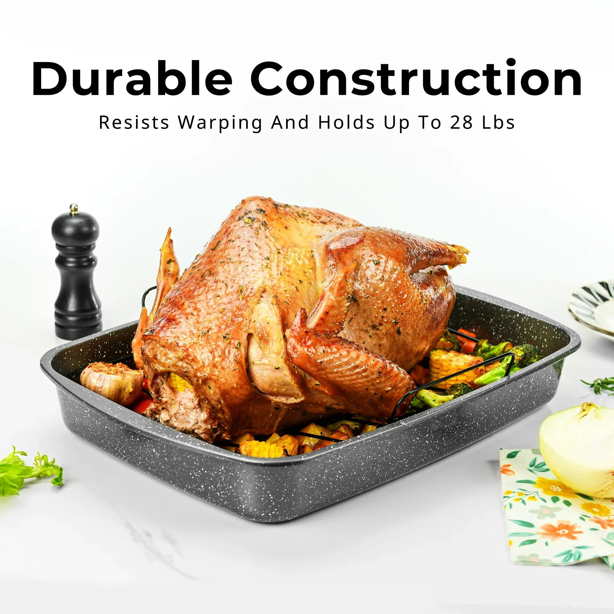 Mainstays 18.9" Non-Stick Carbon Steel Roaster Pan with Wire Rack – Heavy-Duty 0.5 mm Gauge, Grey Speckle Finish