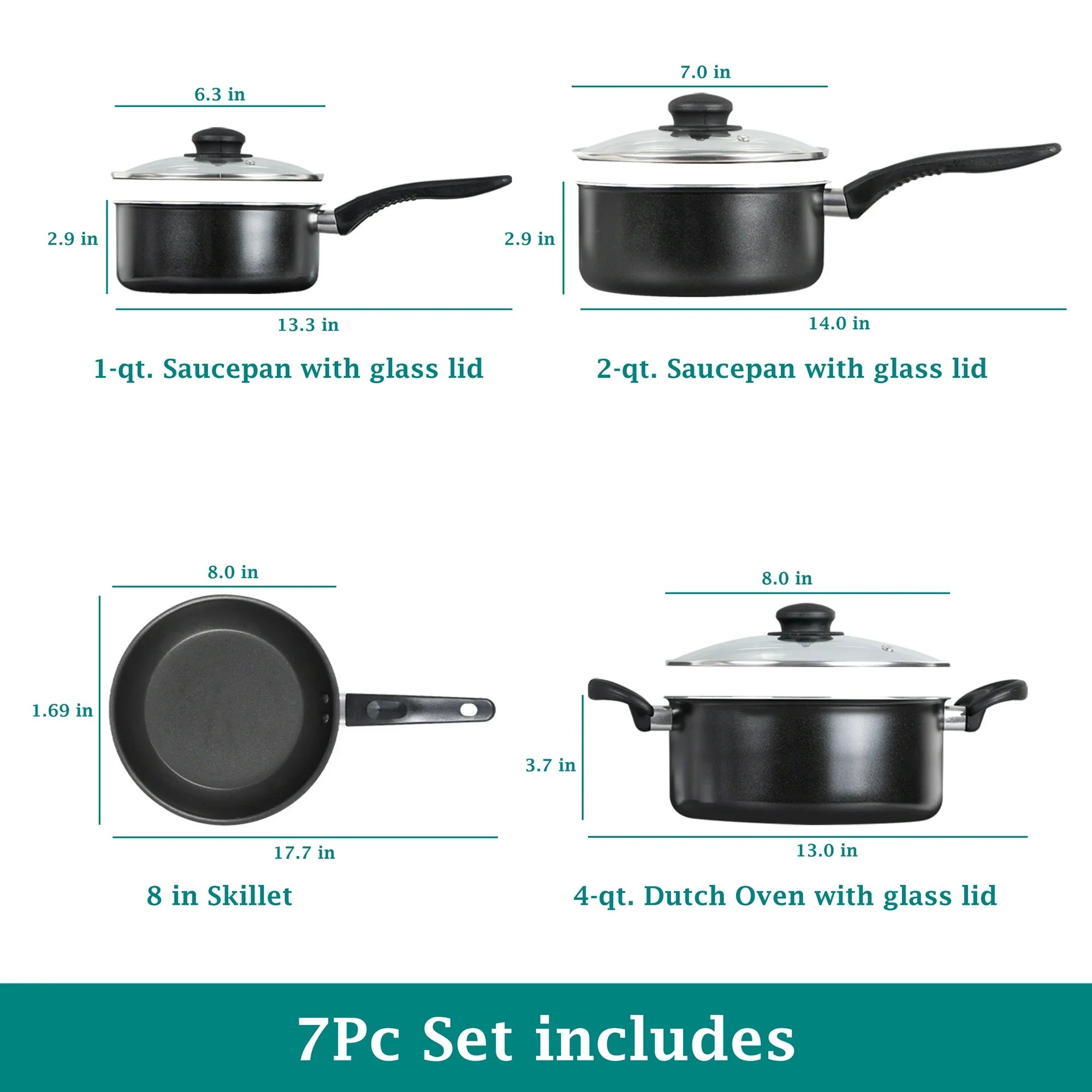 Mainstays 7-Piece Non-Stick Aluminum Cookware Set – Durable Pots & Pans for Everyday Cooking, Black