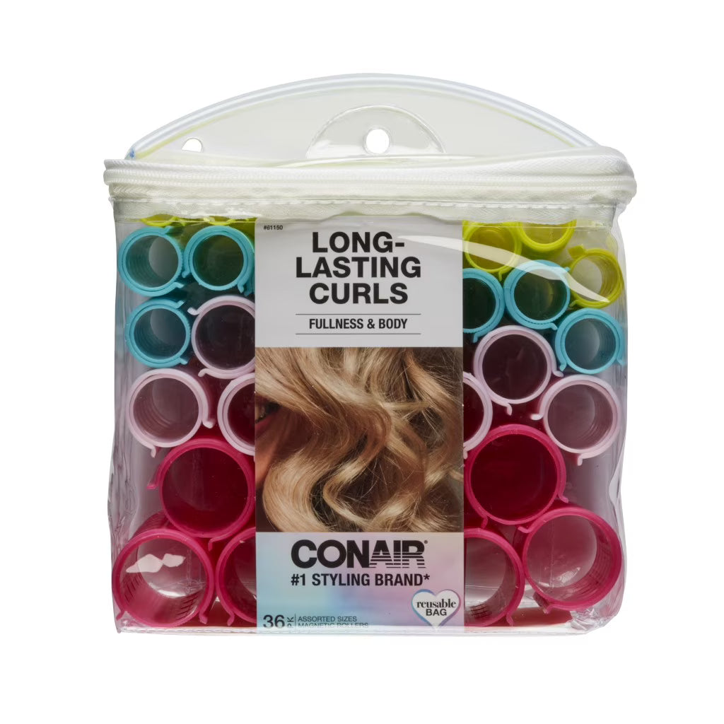 Conair Magnetic Hair Rollers, 36-Count Multi-Size Set with Snap-On Covers & Travel Pouch for Beautiful Curls