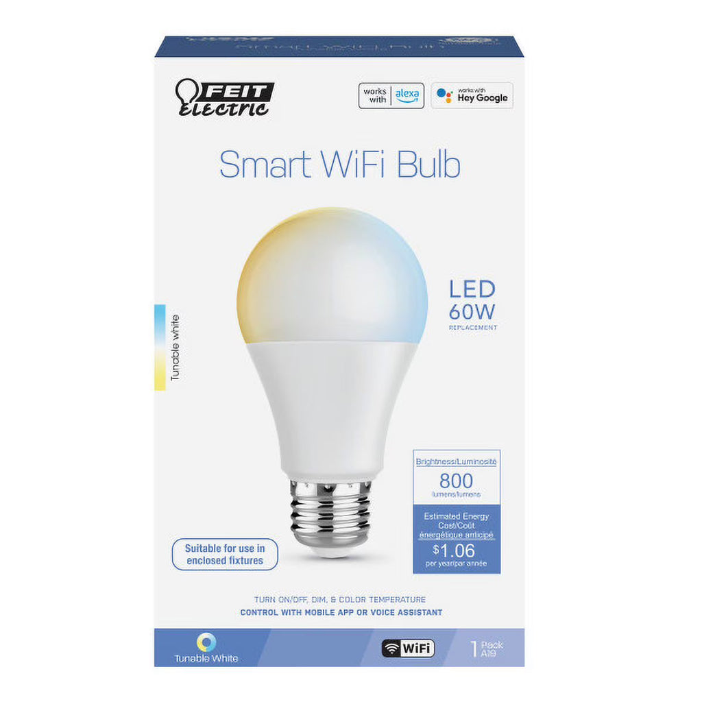 Feit Electric Smart WiFi LED Light Bulb, A19 8.8W (60W Equivalent), Tunable White, E26 Base, Voice & App Control