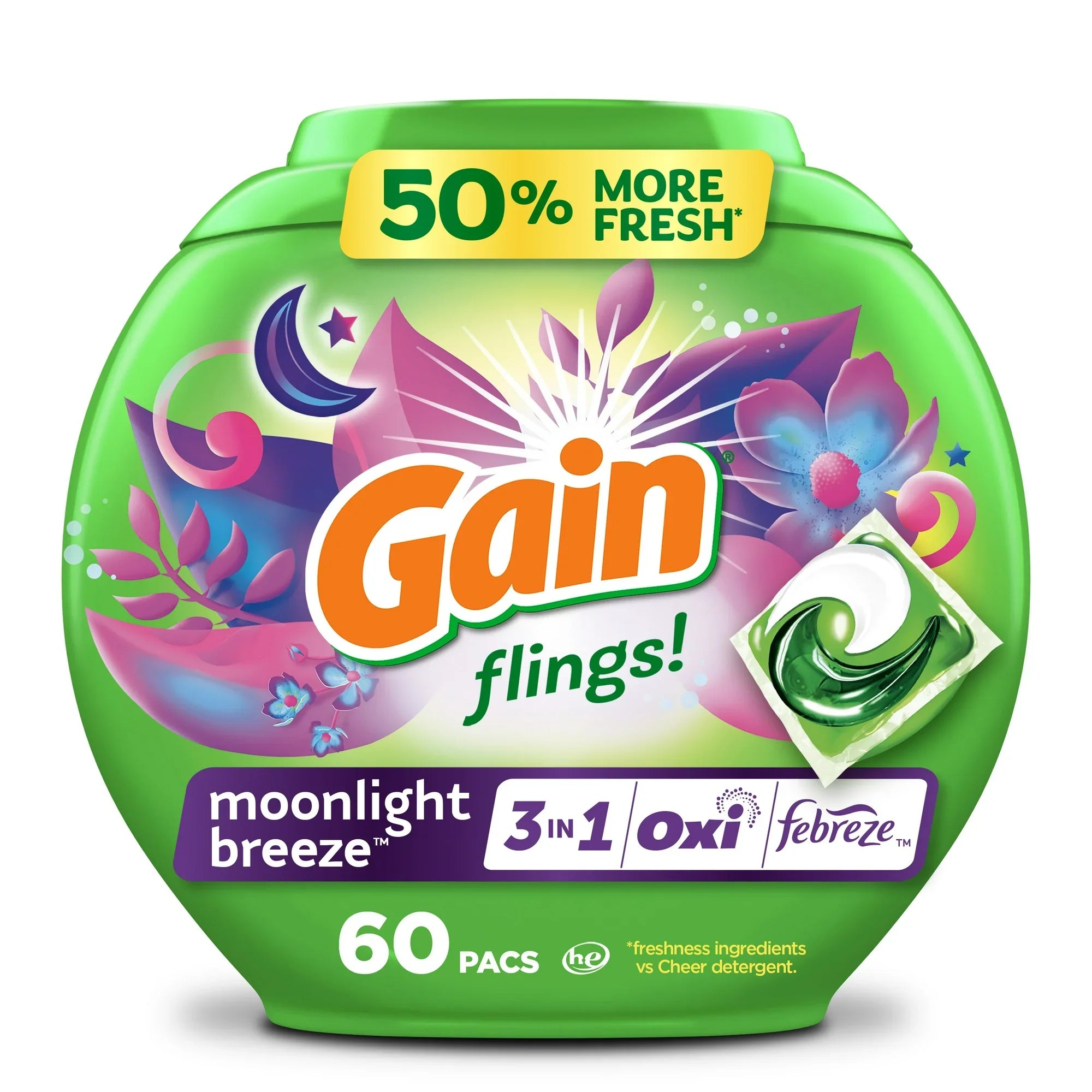Gain Flings 3-in-1 Laundry Detergent Pacs with Oxi Boost & Febreze, Moonlight Breeze Scent, 60 Count
