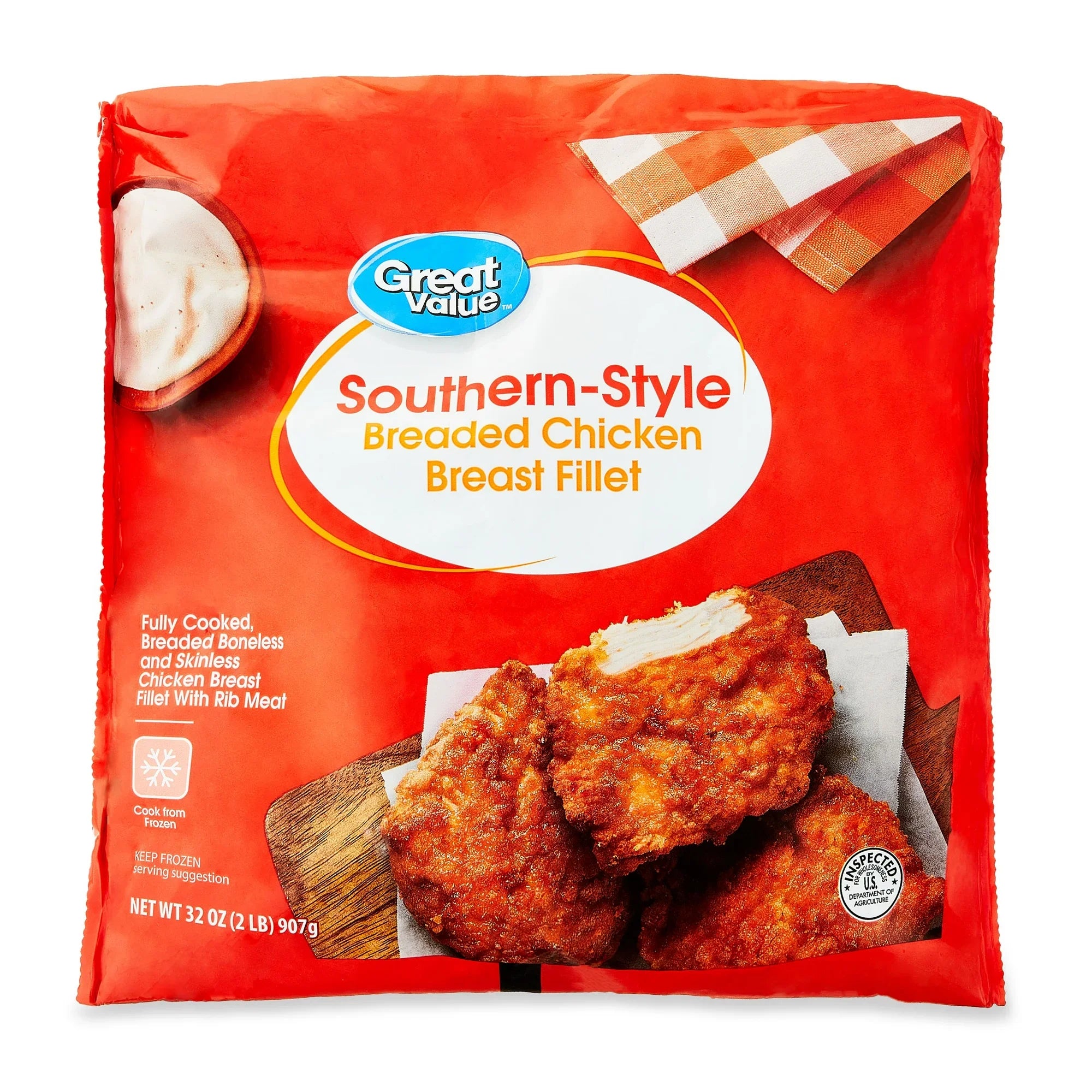 Great Value Southern Style Fully Cooked Chicken Breast Fillets – Whole, 32 oz (Frozen)
