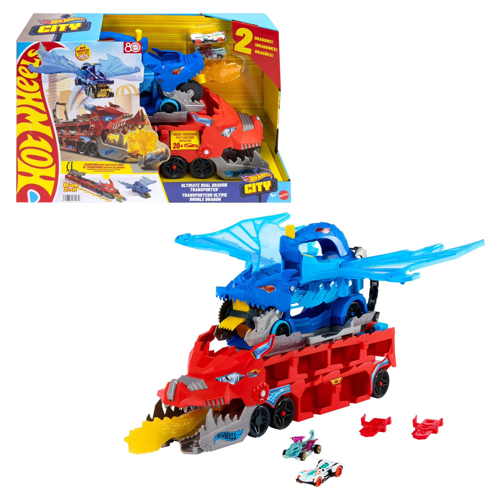Hot Wheels City Ultimate Dual Dragon Transporter – Carrying Truck with 2 Included 1:64 Scale Toy Cars