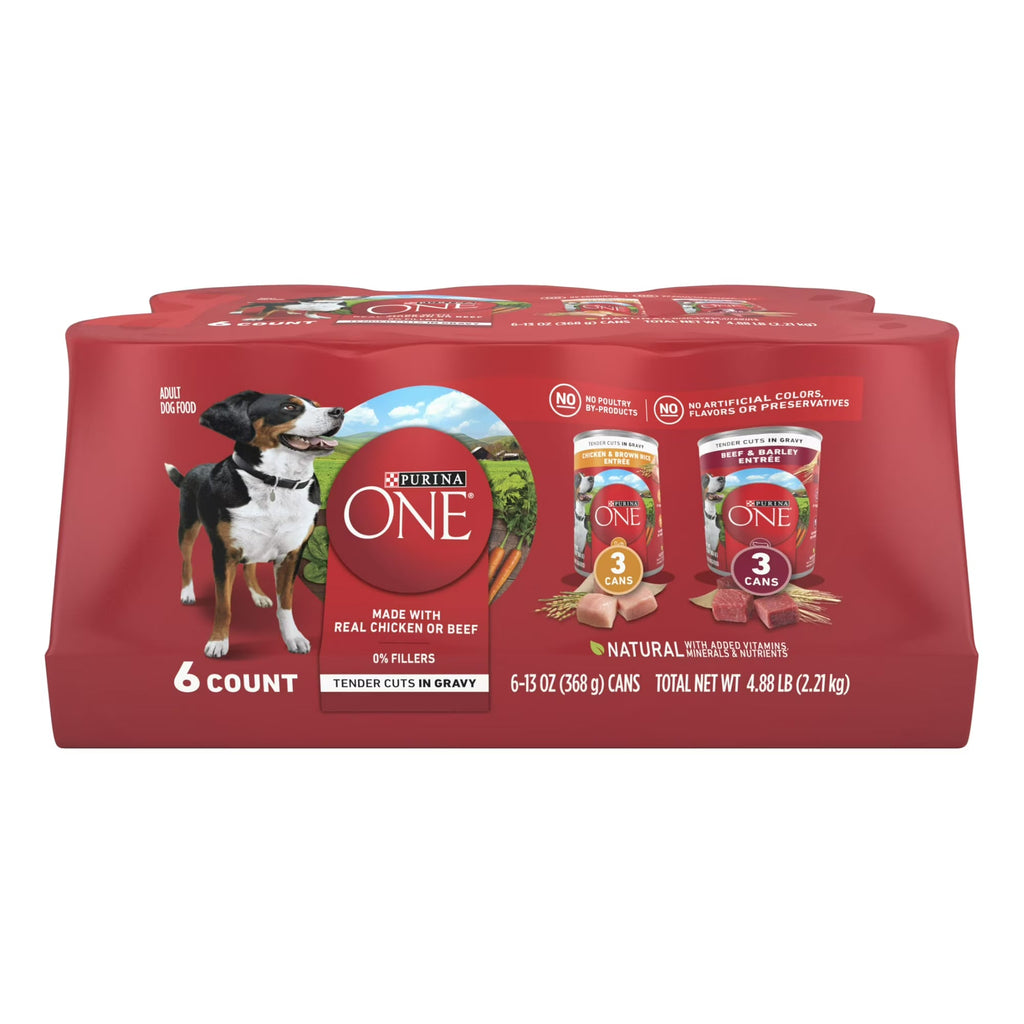 Purina ONE Tender Cuts in Gravy Wet Dog Food Variety Pack – Chicken & Brown Rice, Beef & Barley Entrées, 13 oz Cans (6-Pack)
