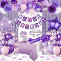 Purple Birthday Party Decorations with Latex Balloons Happy Birthday Banner Bday Sash and Crown Tablecloth Fringe Curtain Paper Pom Poms for Women Girls Bday Decor