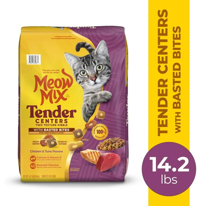 Meow Mix Tender Centers Dry Cat Food with Basted Bites – Chicken & Tuna Flavors, 14.2 lb Bag | Dual-Texture Kibble for Adult Cats