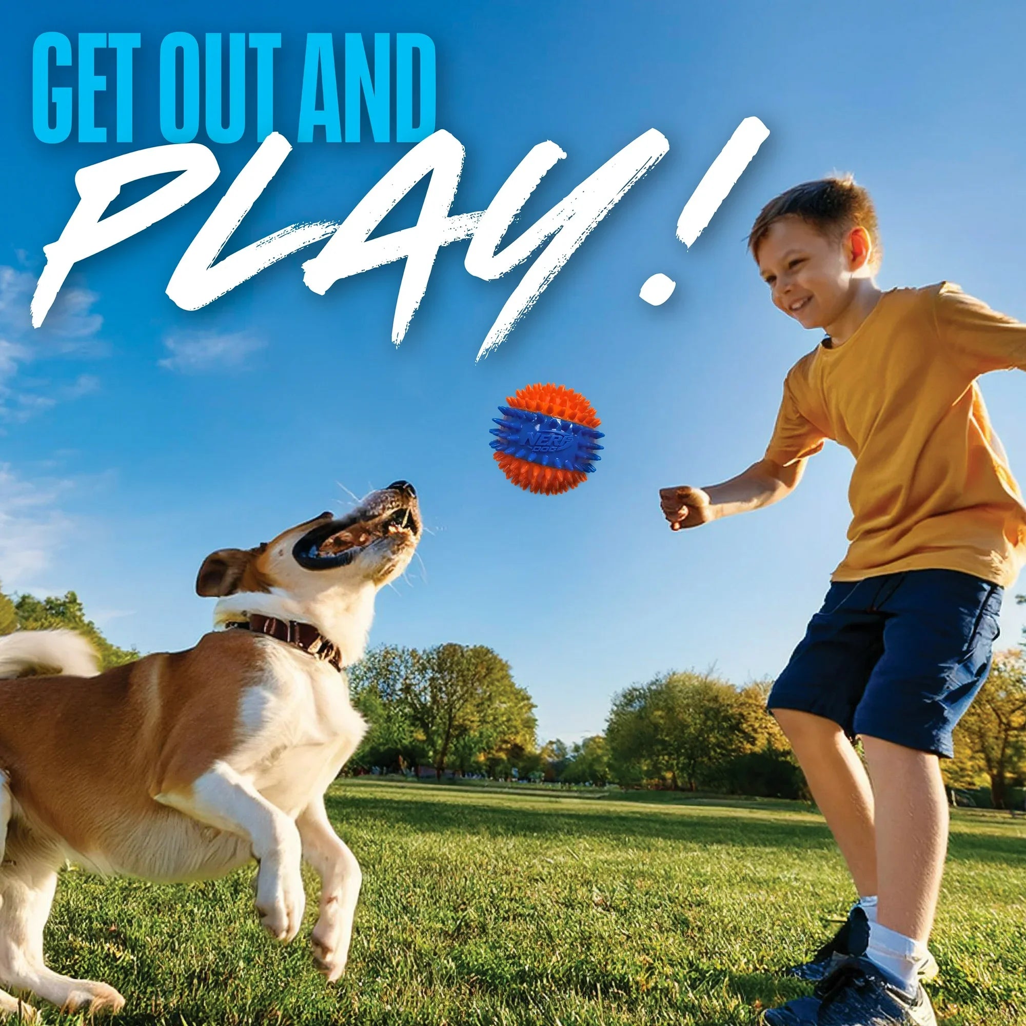 Nerf Dog Squeaky Dental Spike Ball Toy – Durable Orange/Blue 2.7" Interactive Dog Ball